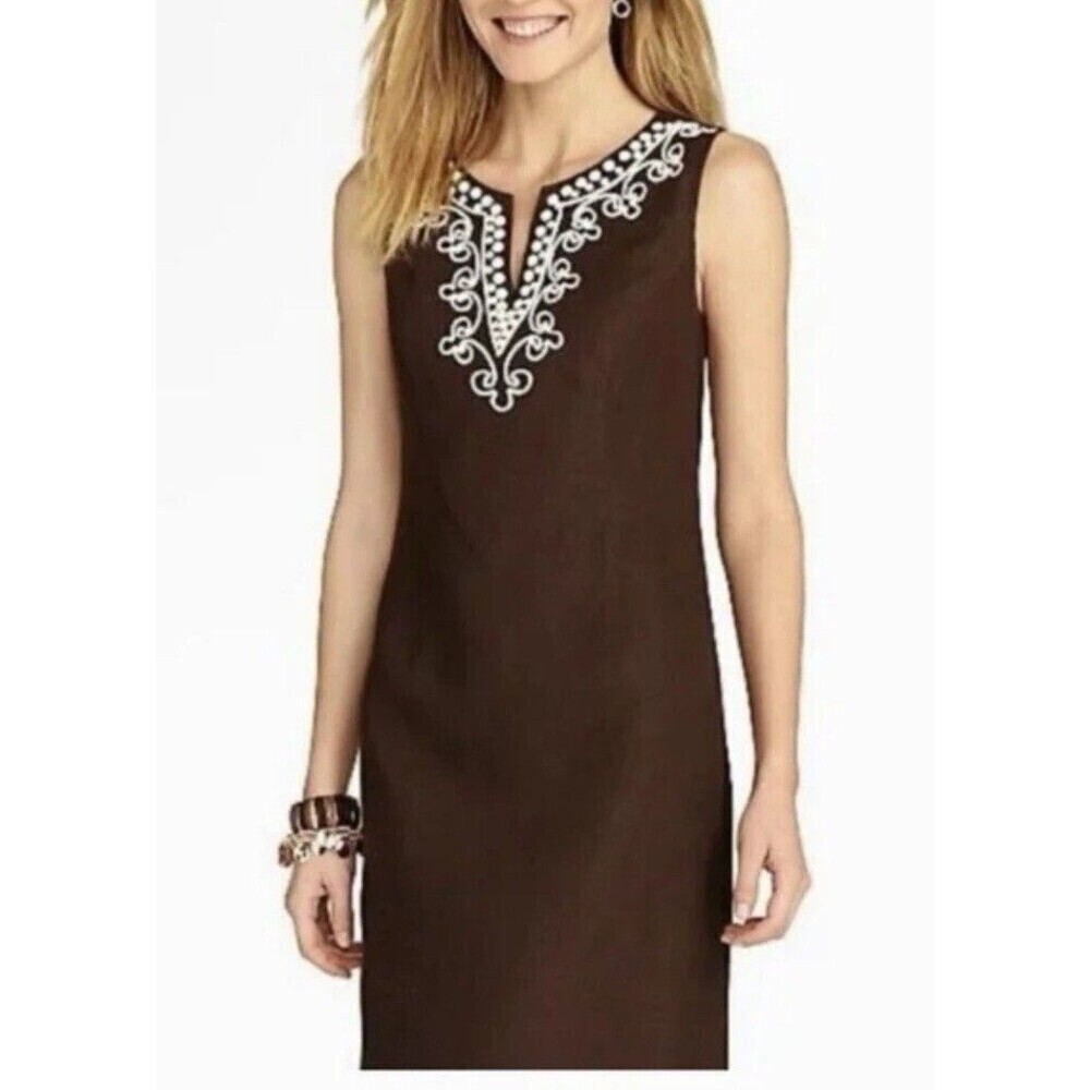 TALBOTS 100% Linen Shift Dress Women 10 Brown White Beaded Sleeveless Career NEW